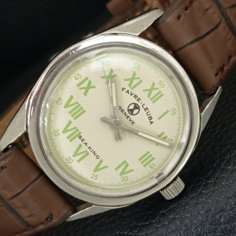 Vintage 1971 Favre Leuba Manual Mens Silver Watch W/Brown Strap